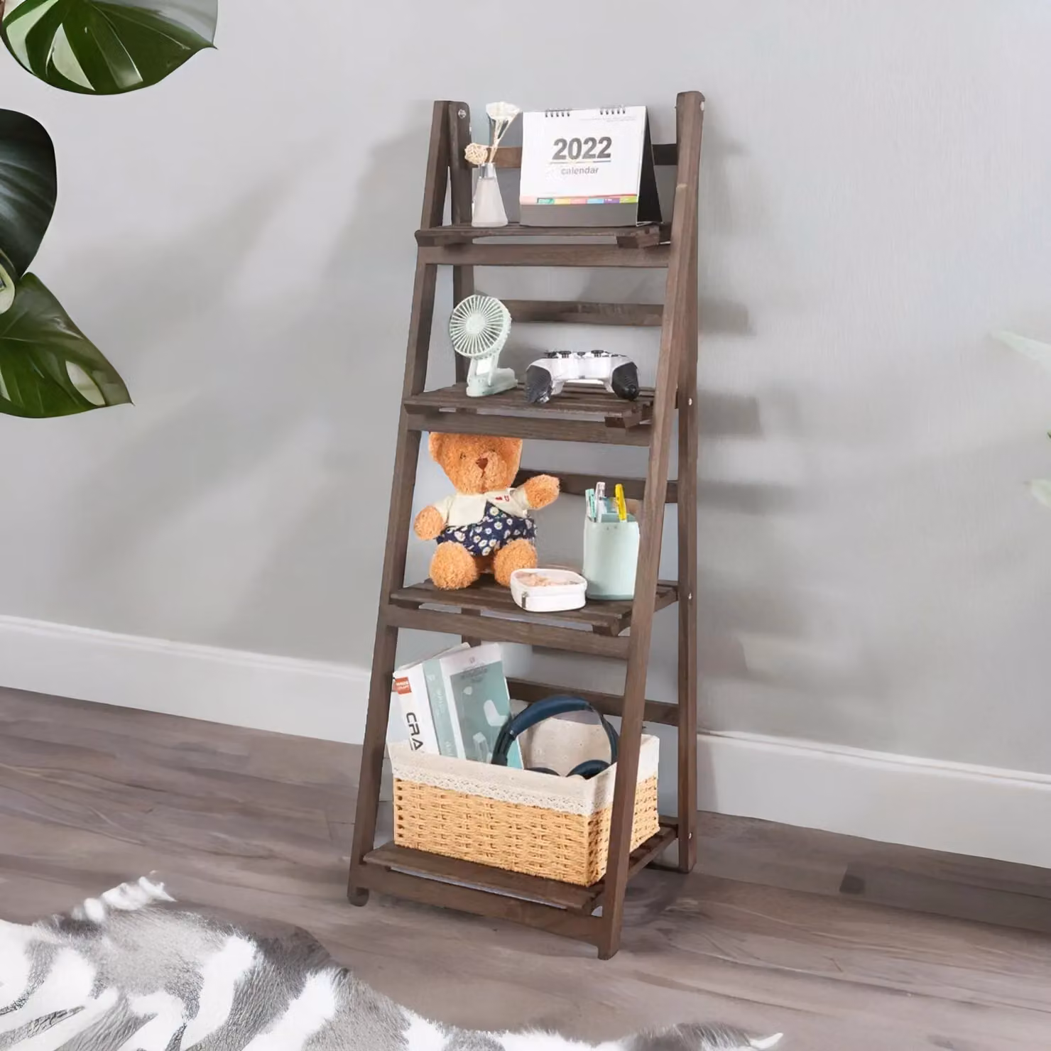Pirlo Plush 4 Tier Rustic Wooden Ladder Plant Stand in Brown – 2