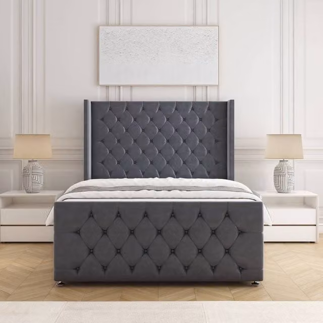 BSSPOKE Florida Velvet Divan Bed with Headboard and Footboard in Charcoal Grey, Size: Single (W/D: 90 x 190 cm)
