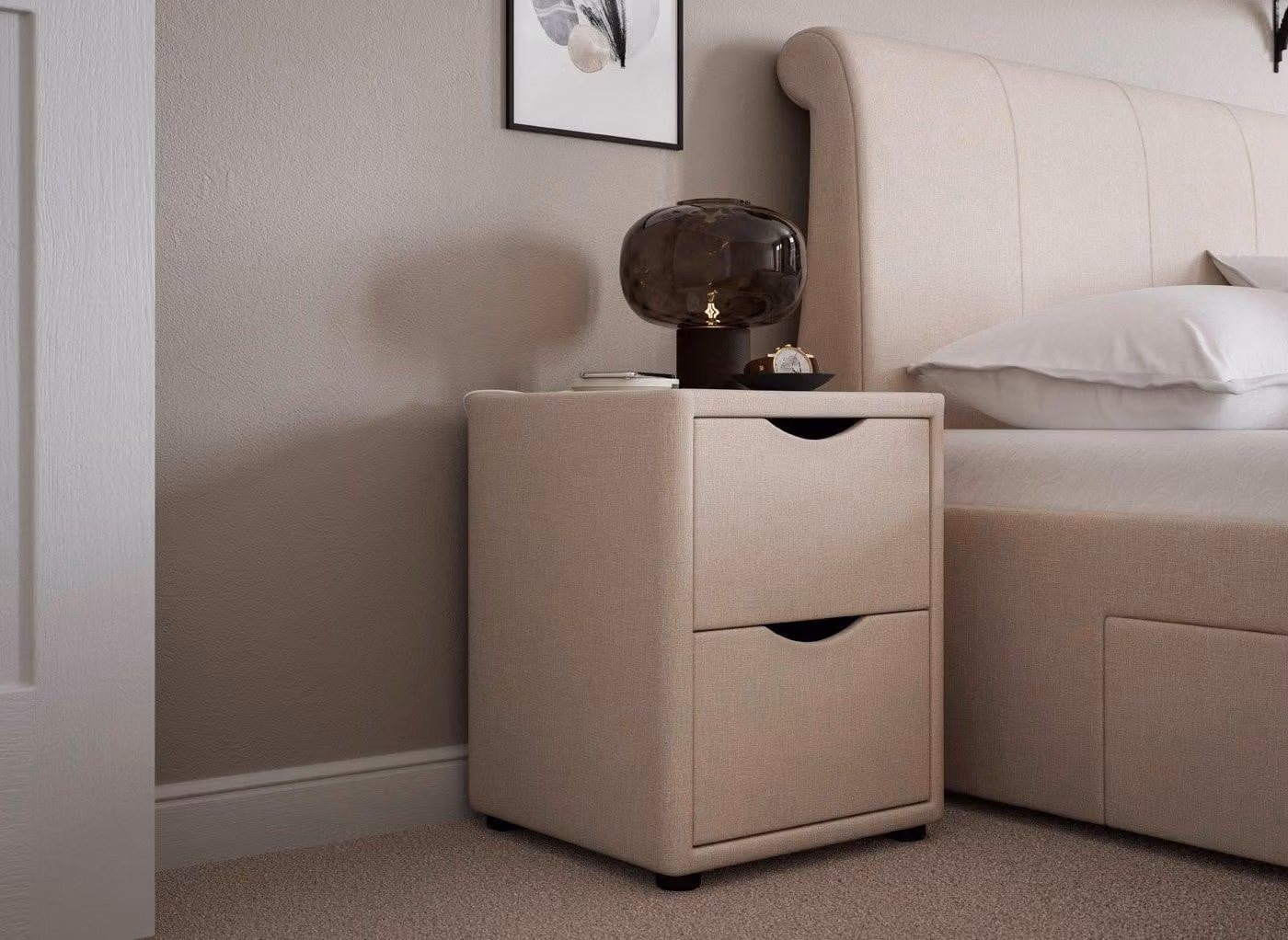 Dreams Lucia Wilson Upholstered Bedside Table with Mirror Top in Beige