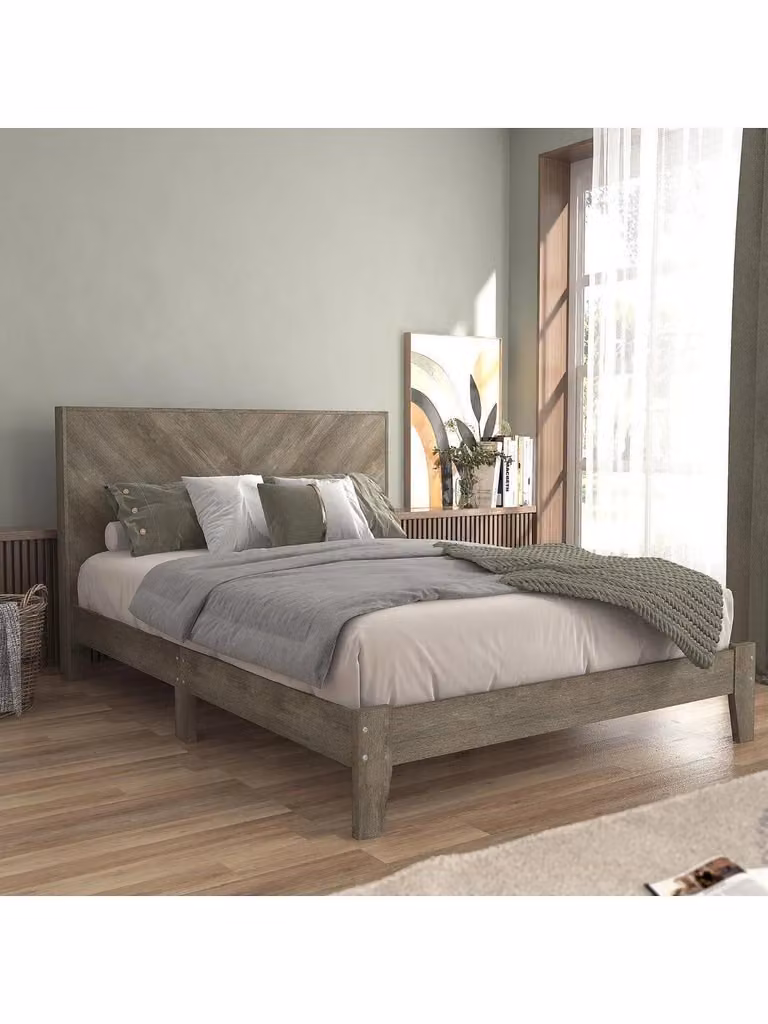Very Home Grey Rustic Style Bed Frame with Geometric Headboard, W/D/H: 160.3 x 200 x 102.5 cm