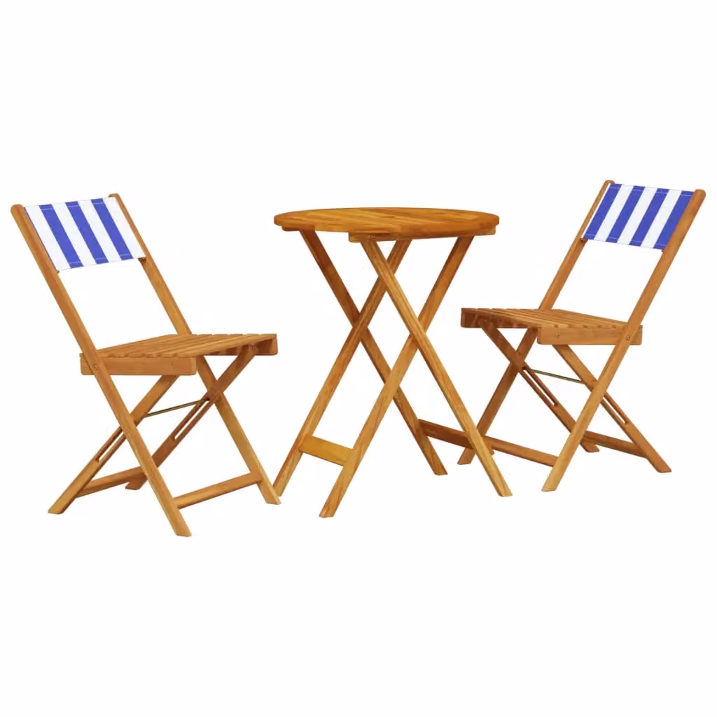 Berkfield Home 3 Piece Acacia Wood Bistro Set with Blue and White Striped Fabric – 2