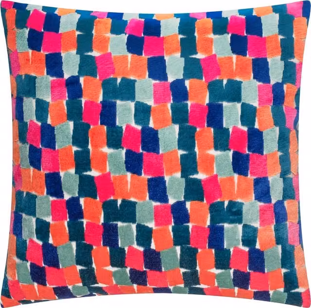 Make It A Home Metro Blocks Velvet Jacquard Square Cushion in Multicolour and Blue with Feather Filling