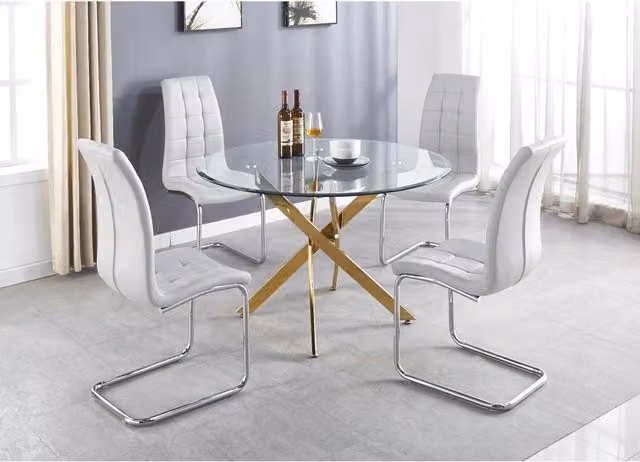 FurnitureboxUK Novara Gold Metal Large Round Dining Table and Four Murano Chairs Set in White and Gold, Diameter: 120 cm