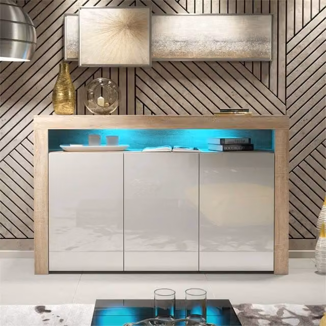 PAWNORA Modern Oak Matt and White Gloss Sideboard Cabinet with Integrated Lighting