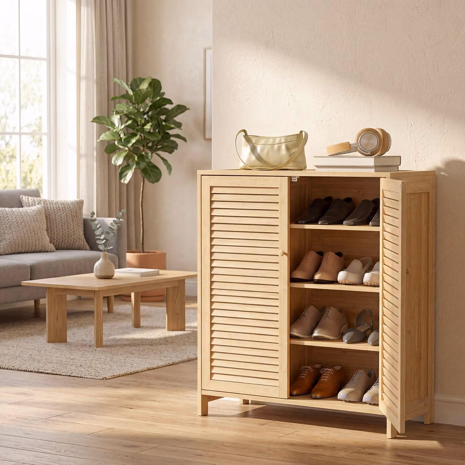 HOMCOM Bamboo Shoe Cabinet with Louvered Doors and Adjustable Shelves for 14 Pairs, Beige – 5