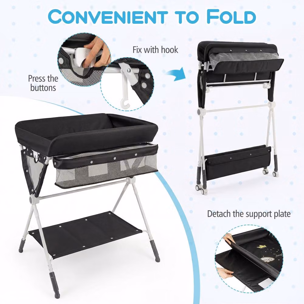 CASART Foldable Baby Diaper Changing Table and Nursery Organiser with Storage Basket in Black – 7