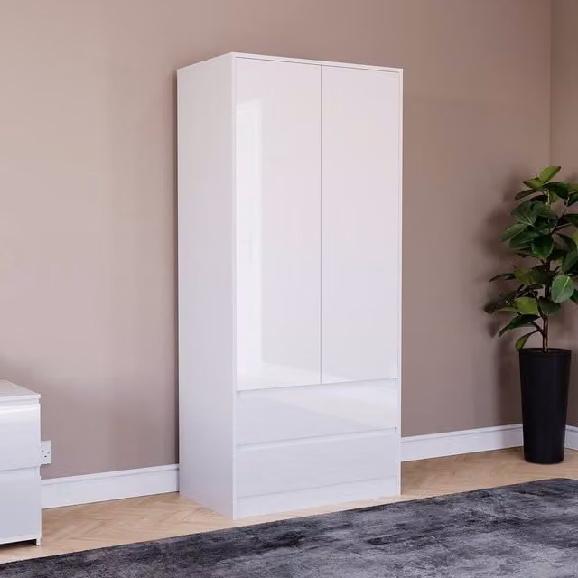 HD Designs Glinton Modern High Gloss Wardrobe in White with 2 Doors and 2 Drawers H 170 x W 76 cm – 1