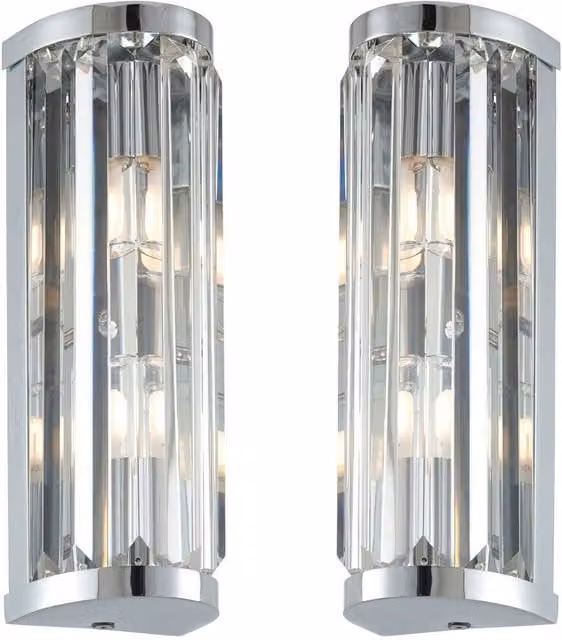 Loops 2 Pack IP44 Modern Round Crystal and Glass Bathroom Wall Light in Chrome and Clear – 1