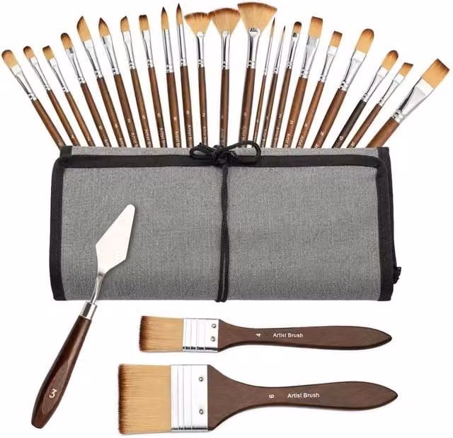 VOGREX 25-Piece Nylon Paint Brush Set in Brown with Storage Case for Acrylic and Oil Painting