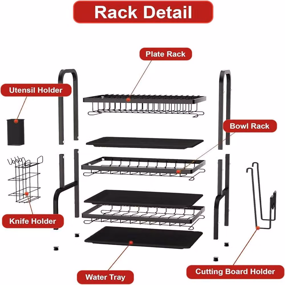 ATEK 3 Tier Black Steel Kitchen Dish Drainer Rack with Cutlery Holder and Cutting Board Holder – 4