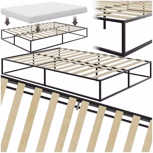 tectake Kyoto Double Bed Frame in Black Metal with Poplar Wood Slats, W/D/H: 140 x 200 x 25.5 cm