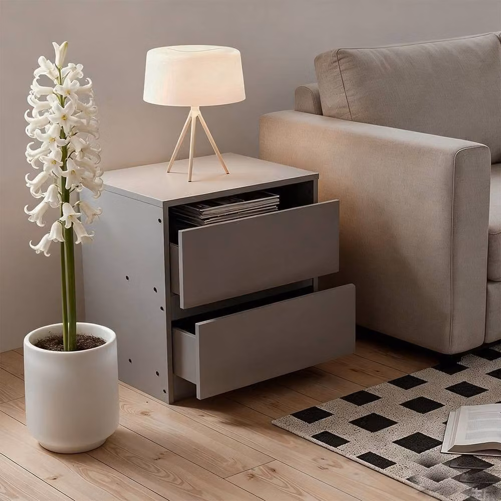 FORGEVIO Grey Wooden Bedside Table with 2 Drawers and Matt Finish – 4