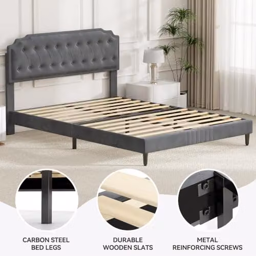 MCC Direct Chelsey Velvet Upholstered King Size Bed Frame with Tufted Headboard in Grey, W/D/H: 180 x 200 cm – 5