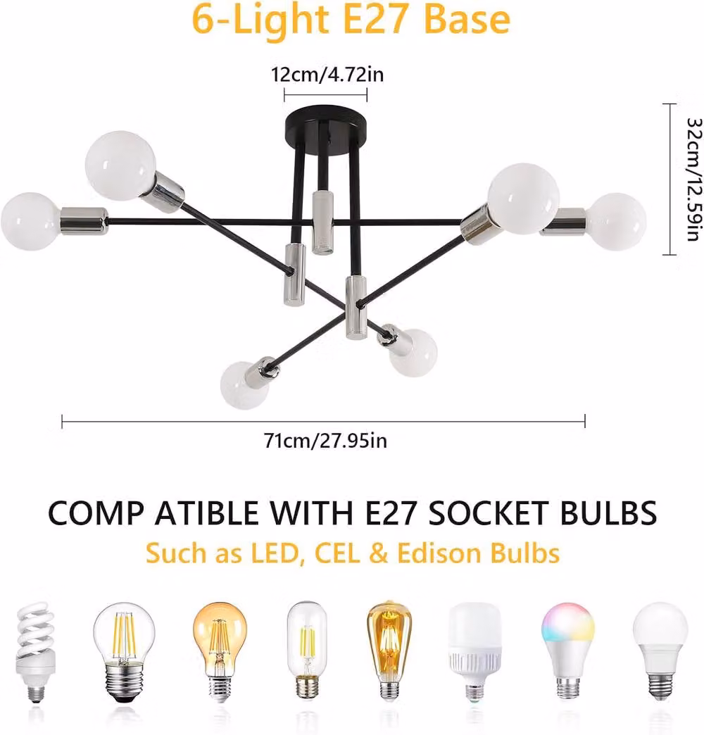 Goeco Industrial Retro 6-Light Ceiling Chandelier in Silver with E27 Base – 2