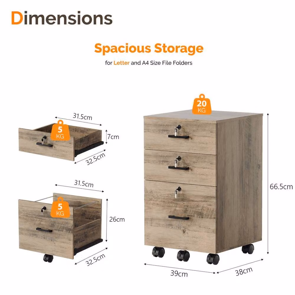 EONLION Grey Wooden 3-Drawer Rolling File Cabinet Organiser – 2