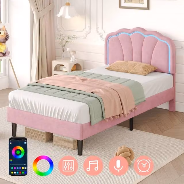 ModernLuxe Pink Velvet Upholstered Single Bed with Adjustable LED Shell Shape Headboard and Drawers W/D/H: 90 x 190 x 101 cm – 1