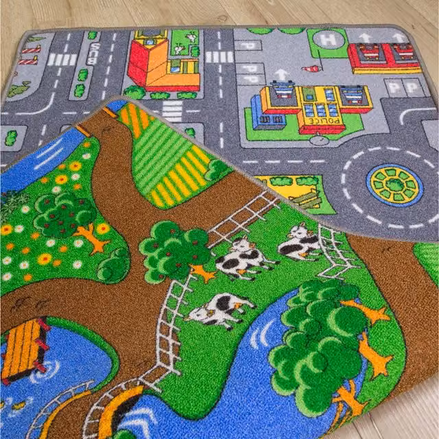 The Rug House Reversible Kids Double Sided Play Mat with Roads, City and Farm Motif, Multicolour, W: 165 cm, D: 100 cm