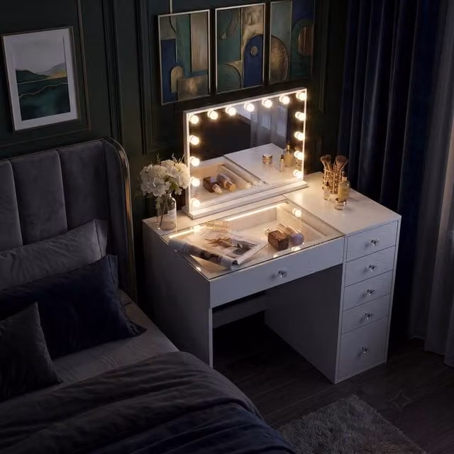 FENCHILIN 6-Drawer Modern Dressing Table with 15 LED Hollywood Mirror in White – 1