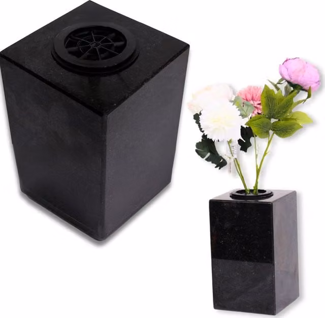 NOVECRAFTO Black Granite Memorial Vase, Square Stone Tabletop Flower Vase for Cemetery or Garden, W/D/H: 15.0 x 15.0 x 15.0 cm