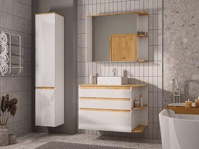 Vente-unique Wall-Mounted Bathroom Unit With Single Basin in Light Oak Colour, W/D/H: 94 x 50 x 64 cm – 1