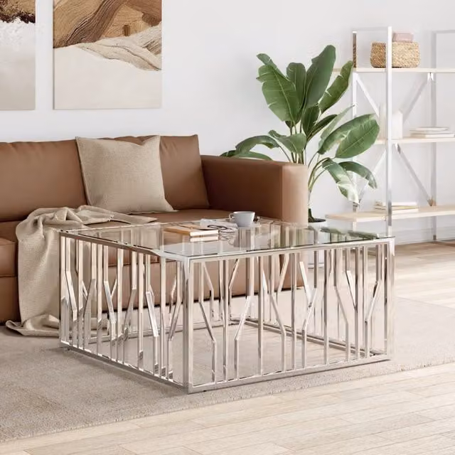 Berkfield Home Modern Square Coffee Table in Silver with Glass and Metal, W/D/H: 100 x 100 x 50 cm