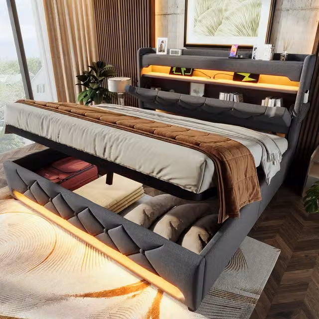 AKA Super King Linen Hydraulic Storage Bed with LED Lighting, USB-C Charging Port and Headboard, Grey, 180 x 200 cm