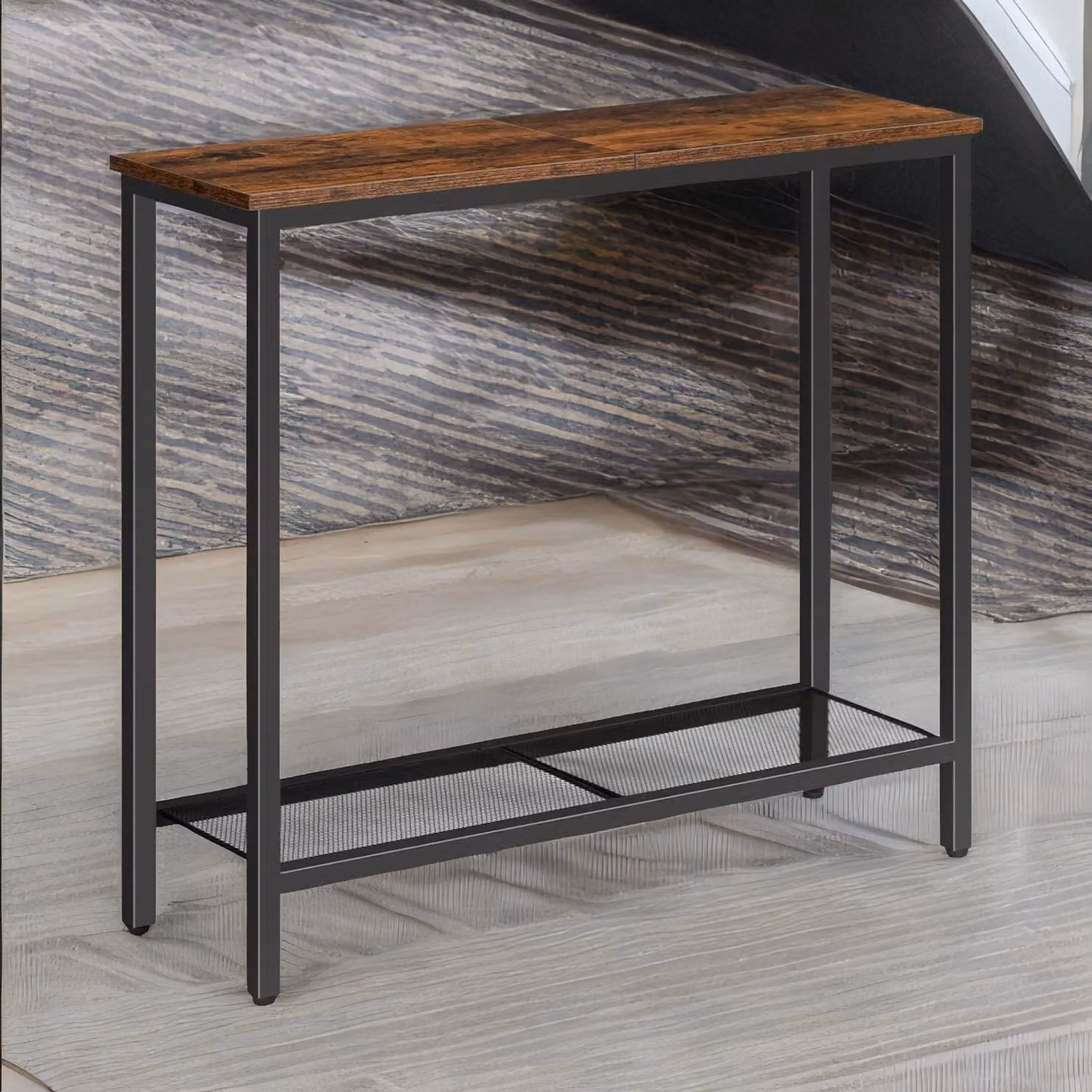 Rafaelo Mobilia Industrial Console Table with Mesh Shelf in Brown and Black, W/D/H: 75 x 24 x 75 cm – 2