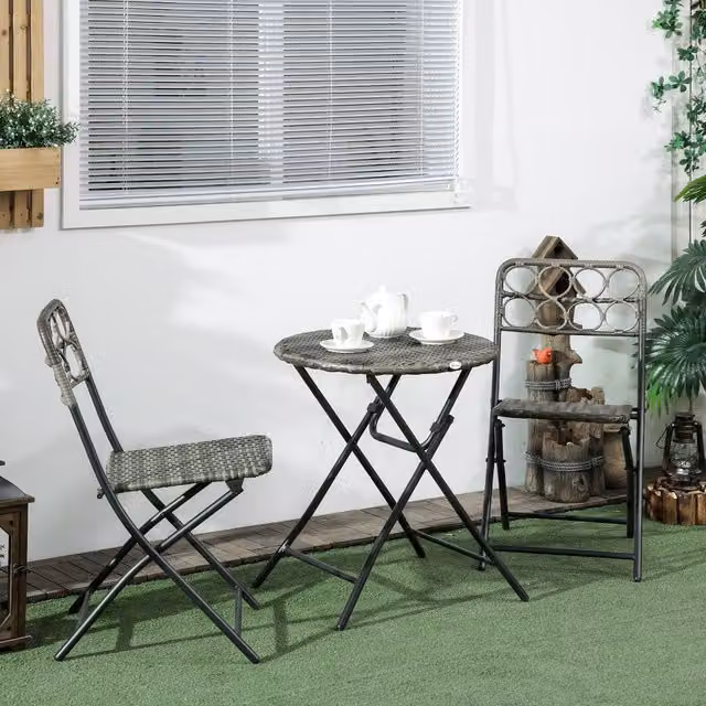 Outsunny 3 Piece Grey Rattan Wicker Bistro Set