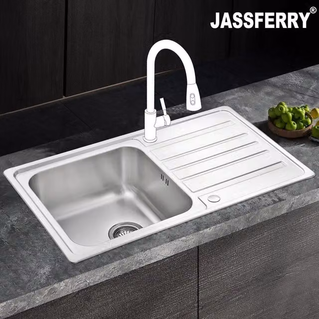 JASSFERRY Reversible Stainless Steel Kitchen Sink with Drainer, Silver, W/D/H: 100 x 50 x 20.5 cm