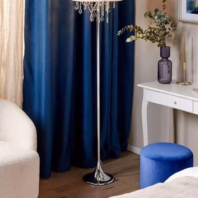 Wyld and Coco Silver Metal Floor Lamp with White Fabric Drum Shade and Crystal Details, Height: 170 cm