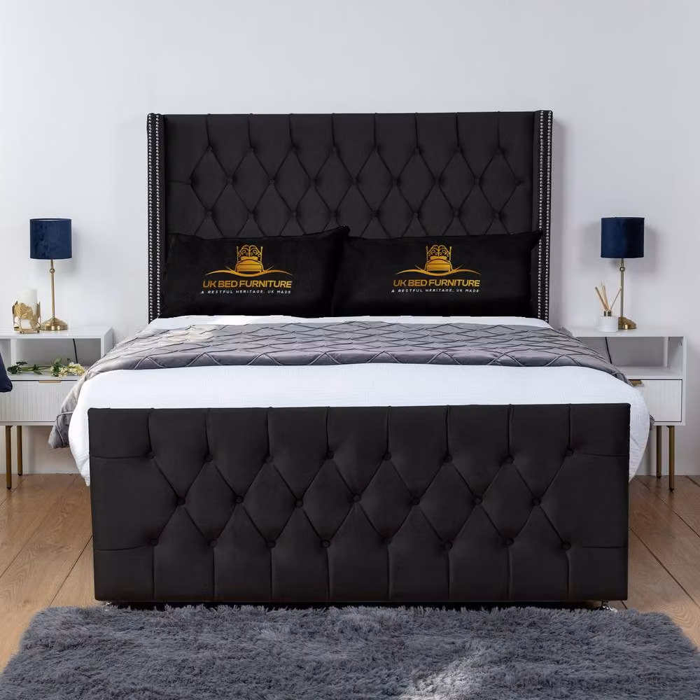 UK Bed Furniture Emily Wingback Divan Bed with 2 Foot End Drawers and 54 Inch Headboard in Black, Size: Double (140 x 200 cm) – 2