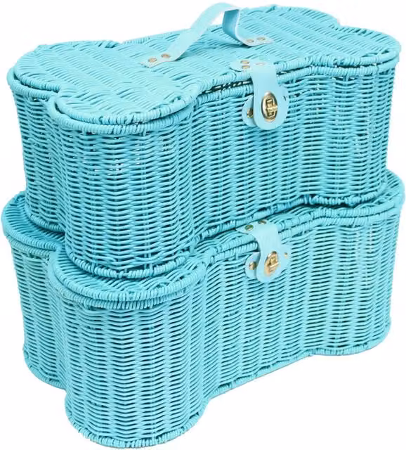Hampabox Open Weave Storage Hamper Basket with Lid and Handles in Blue and Turquoise, H 45 cm x W 45 cm x D 27 cm