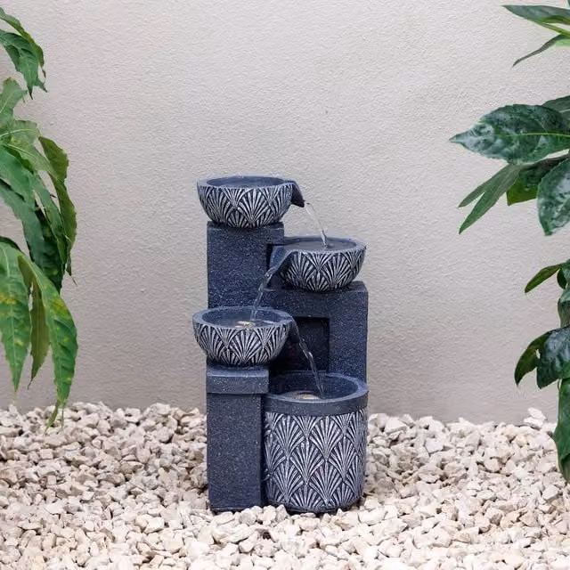 Primrose Talla 3 Tiered Stacked Bowls Grey Outdoor Water Feature with LEDs, Height: 41 cm – 1