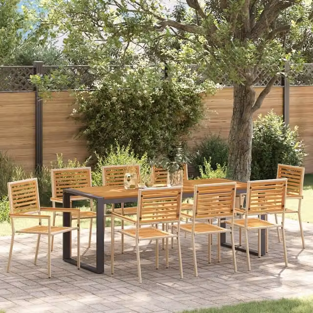 Berkfield Home 9 Piece Modern Beige Poly Rattan and Acacia Wood Garden Dining Set – 1