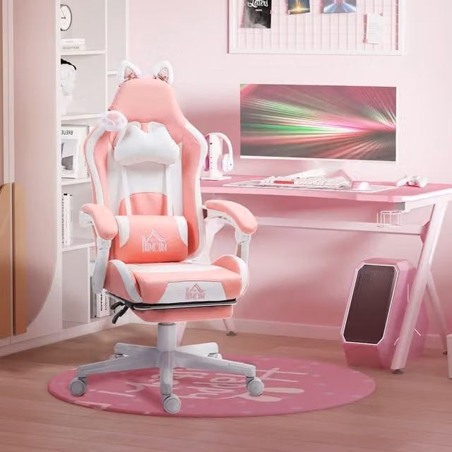 HOMCOM Pink Reclining Gaming Chair with Footrest and Headrest in Synthetic Leather