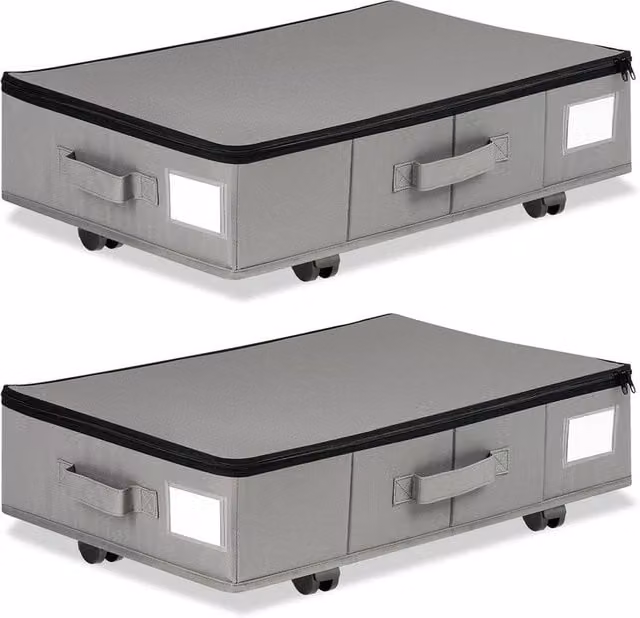 VOGREX Set of 2 Foldable Fabric Storage Boxes with 360 Swivel Casters in Grey – 1