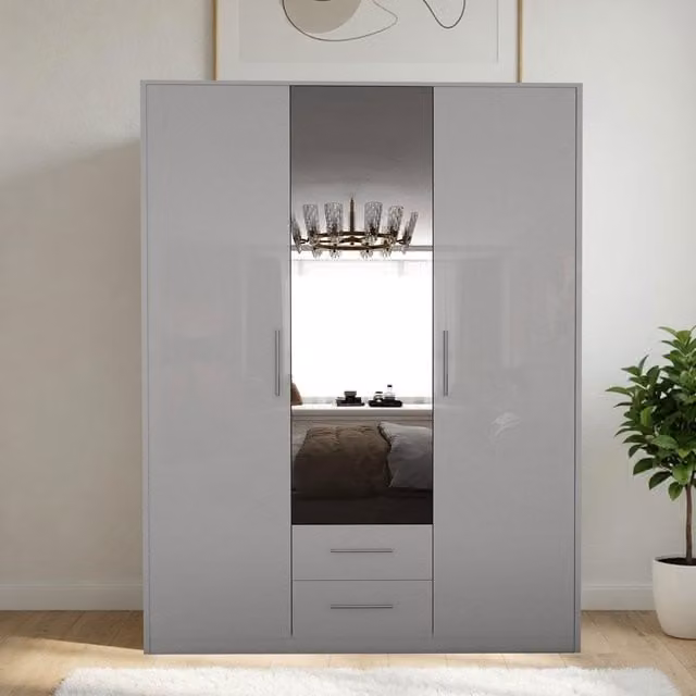 Swindon 3 Door Wardrobe in Gloss and Matt White with Mirror, Width: 120 cm