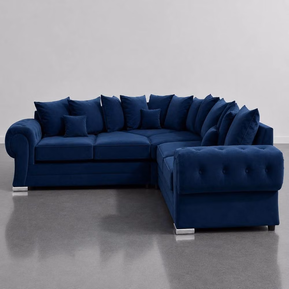 Snug Furniture Birmingham Ltd Verona Blue Plush Velvet Right Facing 2+2 Corner Sofa with Scatter Cushions – 2