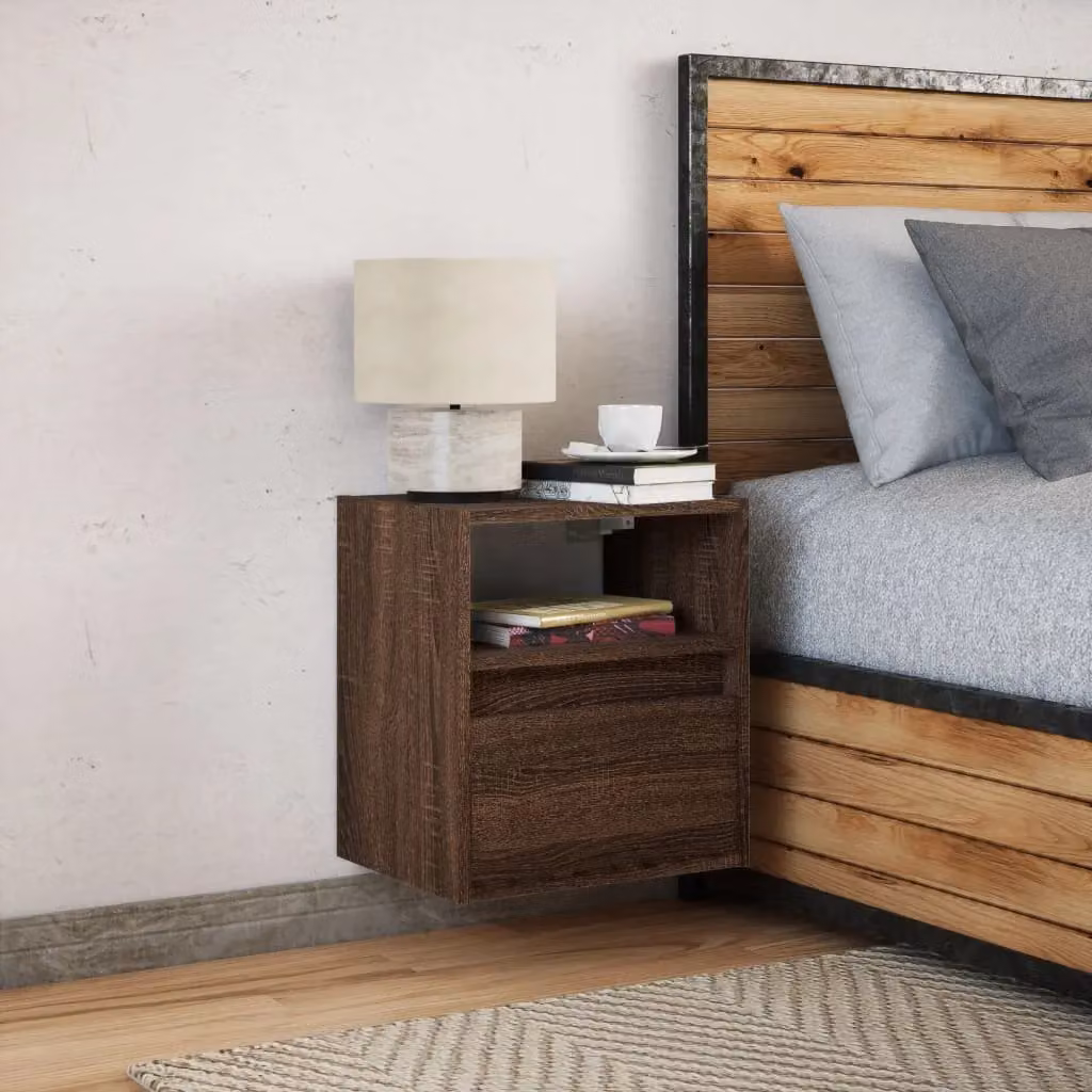 Berkfield Home Wall-mounted Bedside Cabinet with Integrated LED Lights in Brown Oak – 5