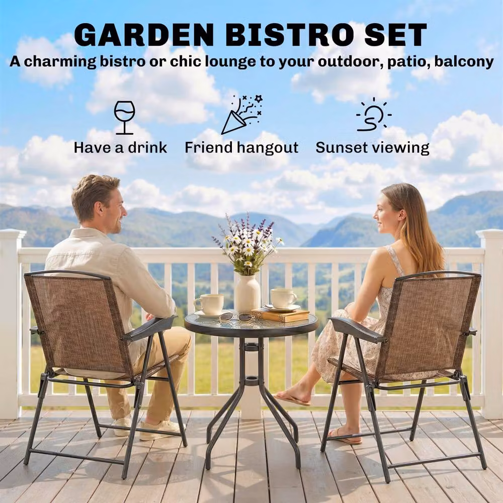 OUTSUNNY 3 Piece Brown Bistro Set with Round Glass Table and Adjustable Backrest Chairs – 3