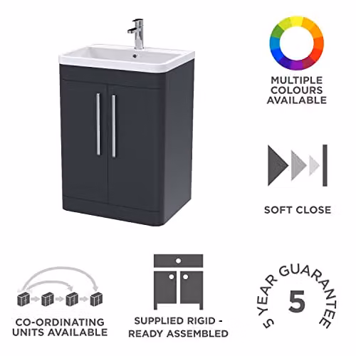 nuie Parade Modern 2 Door Bathroom Floor Standing Vanity Basin Cabinet with Polymarble Basin, Soft Black, W: 60.0 cm, D: 44.5 cm, H: 80.0 cm – 2
