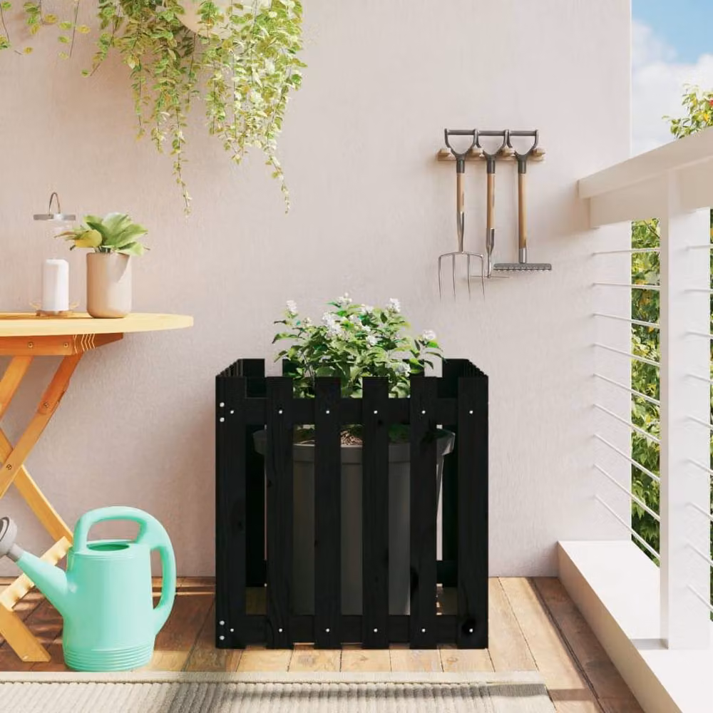 Berkfield Home Garden Planter with Fence Design in Black, Solid Wood and Plastic, W/D/H: 60 x 60 x 60 cm – 2
