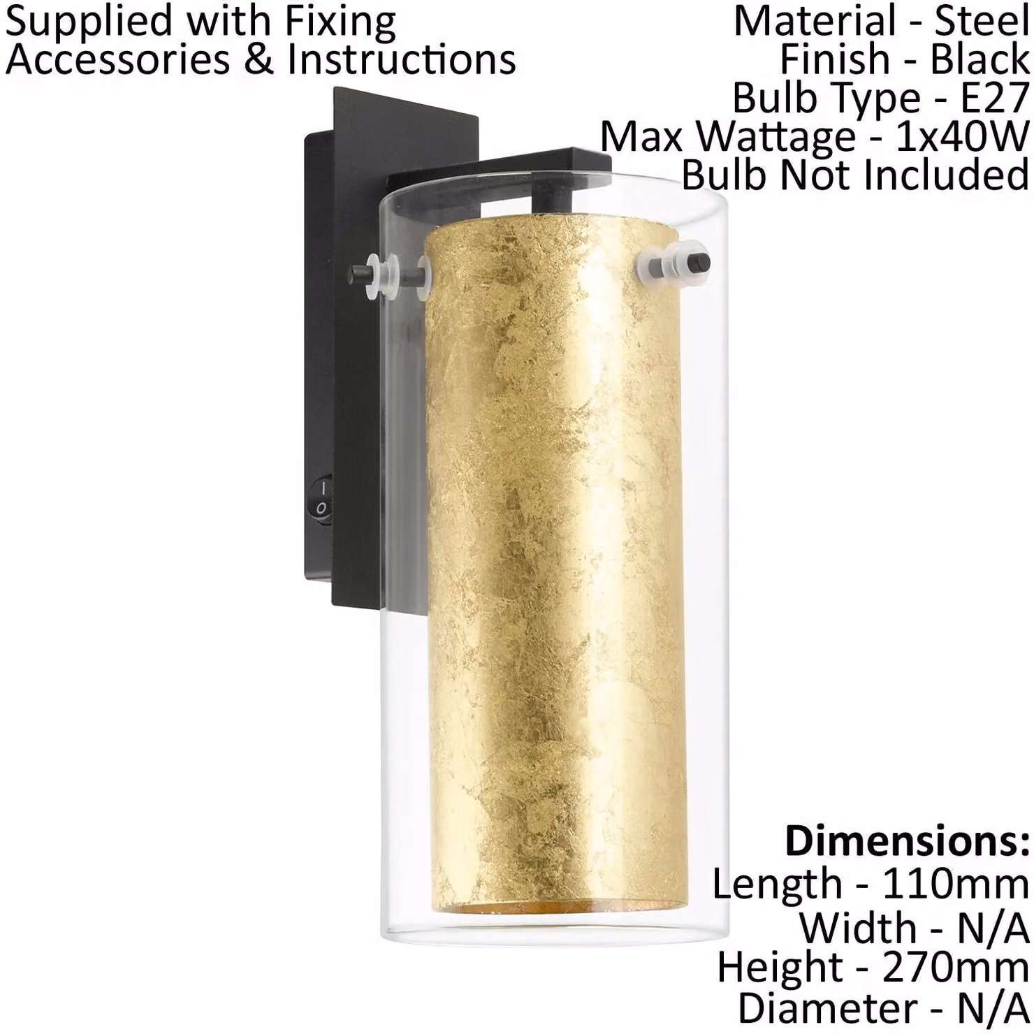 Loops 2 Pack Modern Wall Lights with Black Back Plate, Gold Inner Shade and Clear Glass, E27 40W – 2