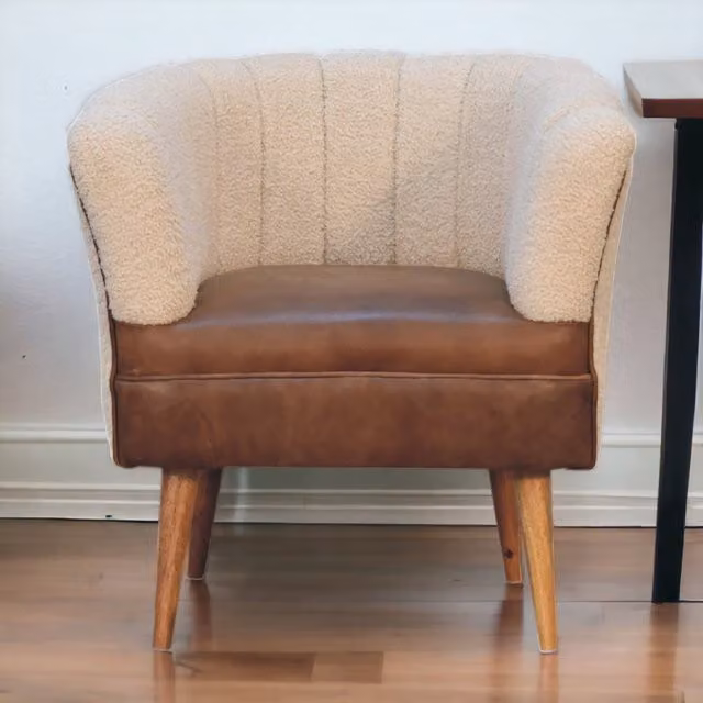 Artisan Furniture Scandinavian Tub Armchair with Solid Mango Wood Frame in Beige and Brown Bouclé and Leather