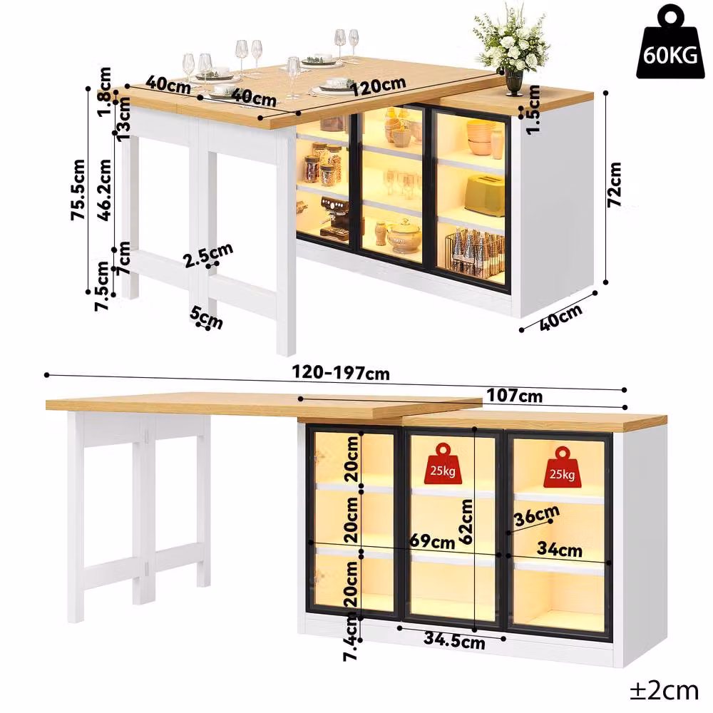 Merax White Extending Kitchen Island Dining Table with LED and Transparent Glazed Display – 2