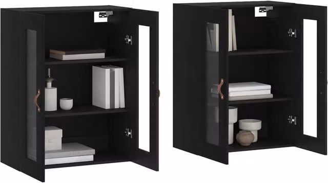 Berkfield Home Set of 2 Wall Mounted Cabinets in Black with Glass Doors and Internal Shelves – 1