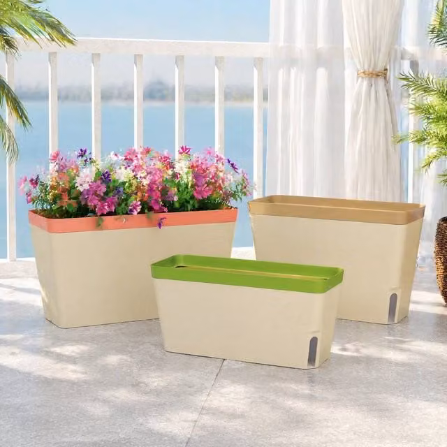 STILVORA Set of 3 Self-Watering Plastic Planters with Water Level Window in Beige