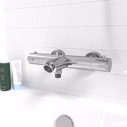 Nes Home Wall Mounted Thermostatic Chrome Bath Filler Shower Mixer Tap in Silver