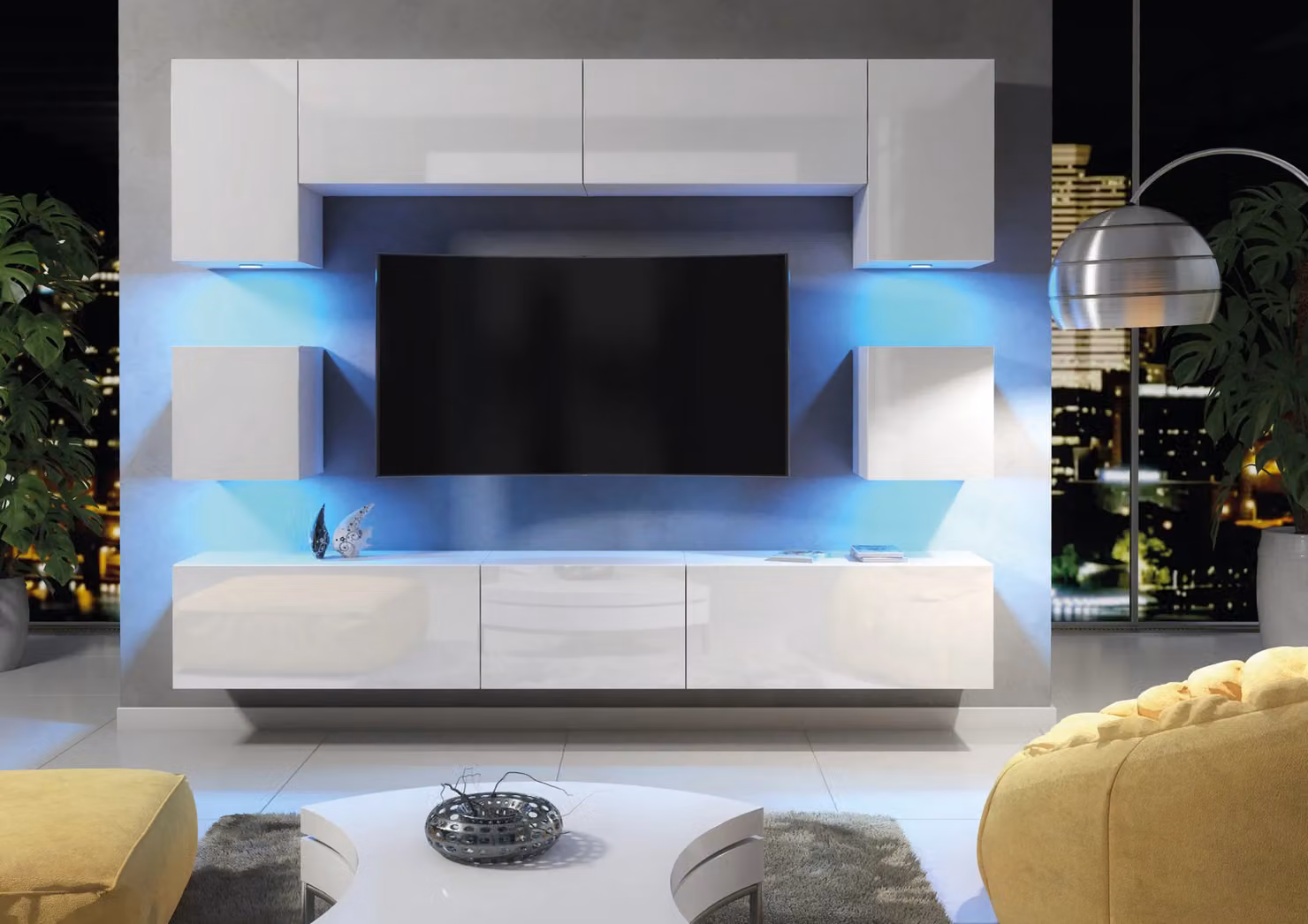Mex Furniture LTD Modern White Glossy TV Wall Unit with Integrated LED Lighting and Hinged Doors, Width: 242 cm – 3
