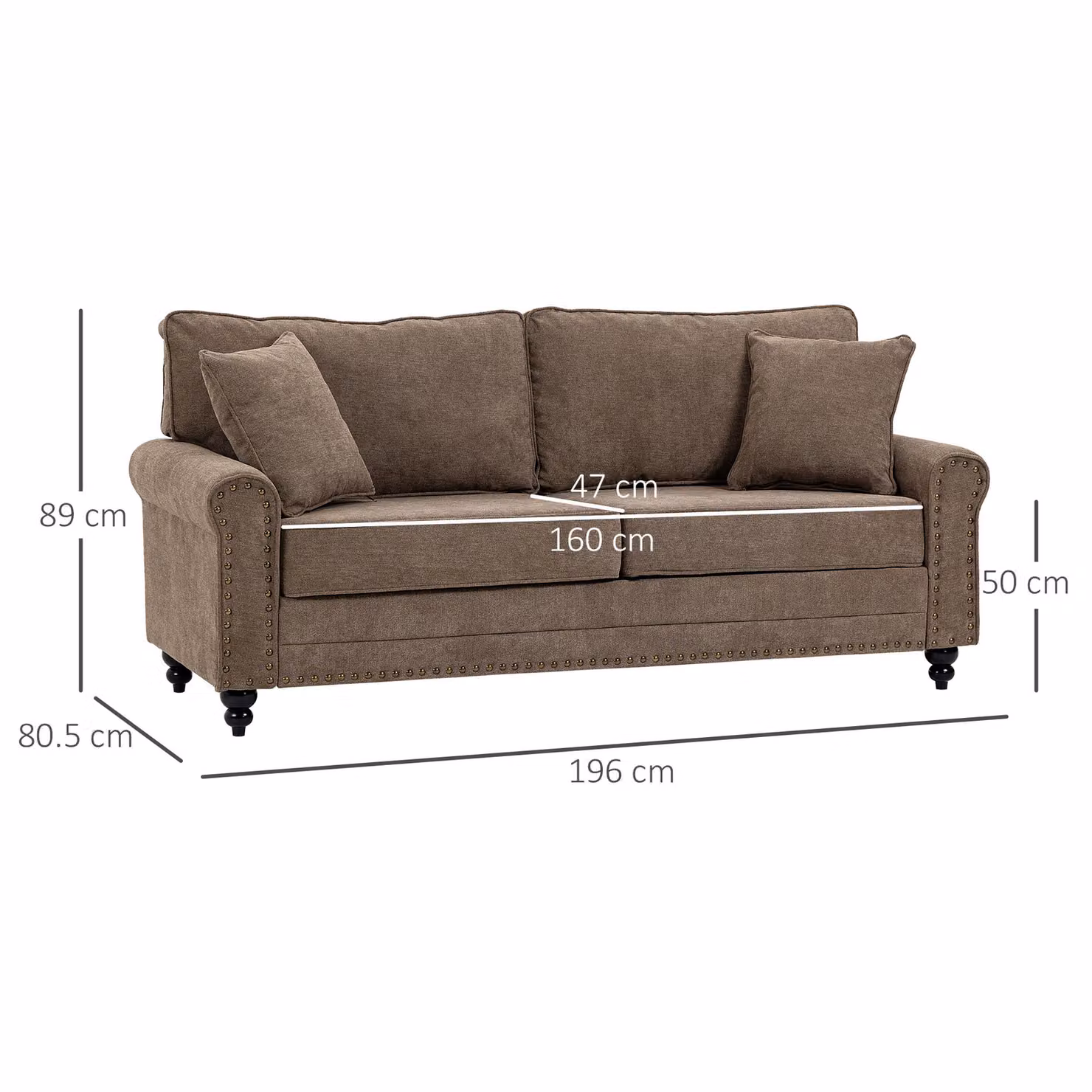 HOMCOM 2 Seater Fabric Sofa in Brown with Scatter Cushions and Nailhead Trim – 3